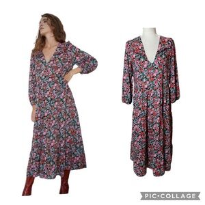 Zara Floral Midi Drop Waist Ruffle Trim Polyester Dress Womens Size Medium